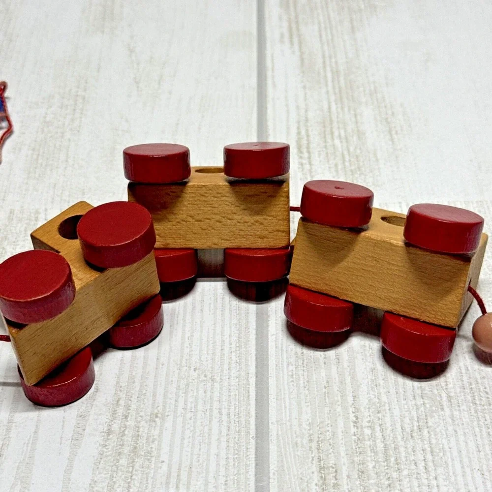 VTG Wooden Toy Train Pull String Toy Red Wheels 3 cars